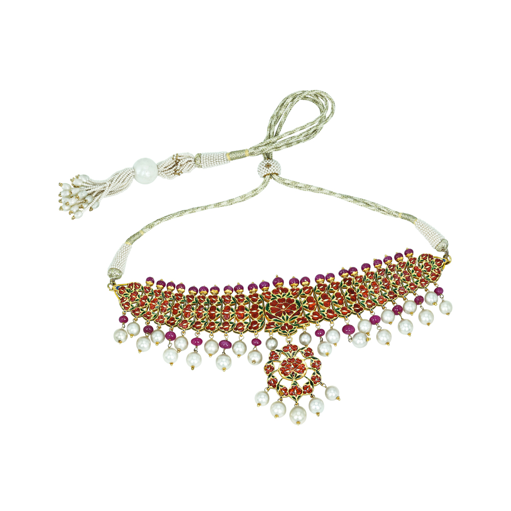 Polki Choker Set with Ruby Cabochons, Pearl Drops, and Pendant